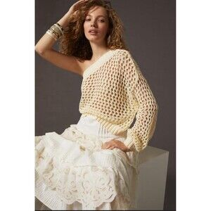 Anthropologie Maeve One-Shoulder Top Ivory Crochet Layer Preppy Boho Sz OS New